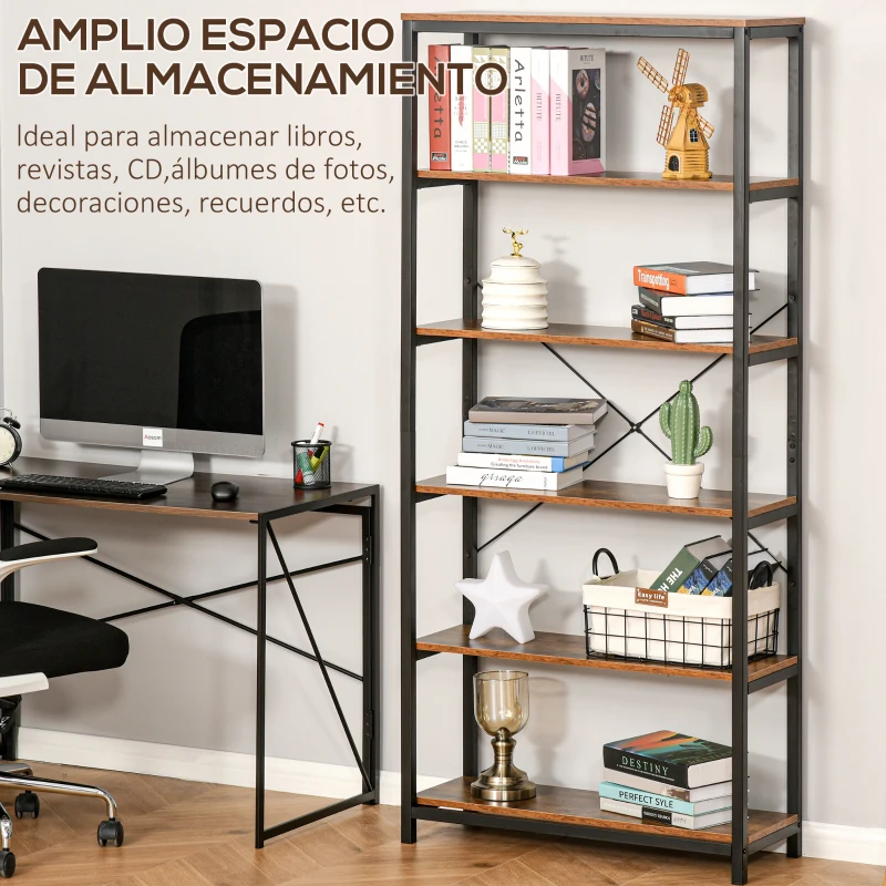 HOMCOM Estantería Estilo Industrial Retro con 6 Estantes Abiertos para Libros y sistema Antivuelco Almacenaje para Salón Oficina 80x30x180 cm Marrón Rústico