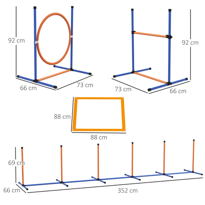 PawHut Juego de Agilidad para Perros de 4 Piezas con Piquetes para Slalom Zona de Reposo Valla y Anillo de Salto Naranja y Azul