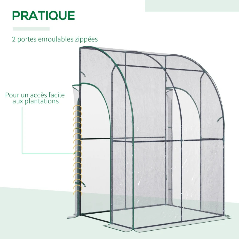 Outsunny Serre de Jardin adossée Serre adossée serre d'hivernage dim. 1,43L x 1,18l x 2,12H m 2 Portes zippées enroulables Acier PVC Transparent