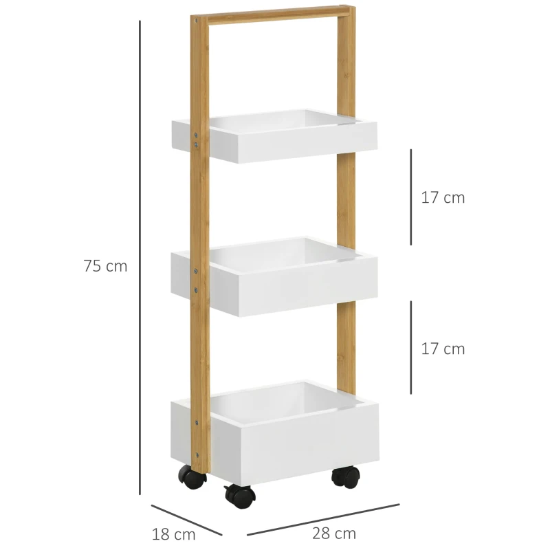 HOMCOM Carrito de Baño con Ruedas y 3 Cestas Carrito Auxiliar Multifuncional de Madera de Bambú 28x18x75 cm Blanco