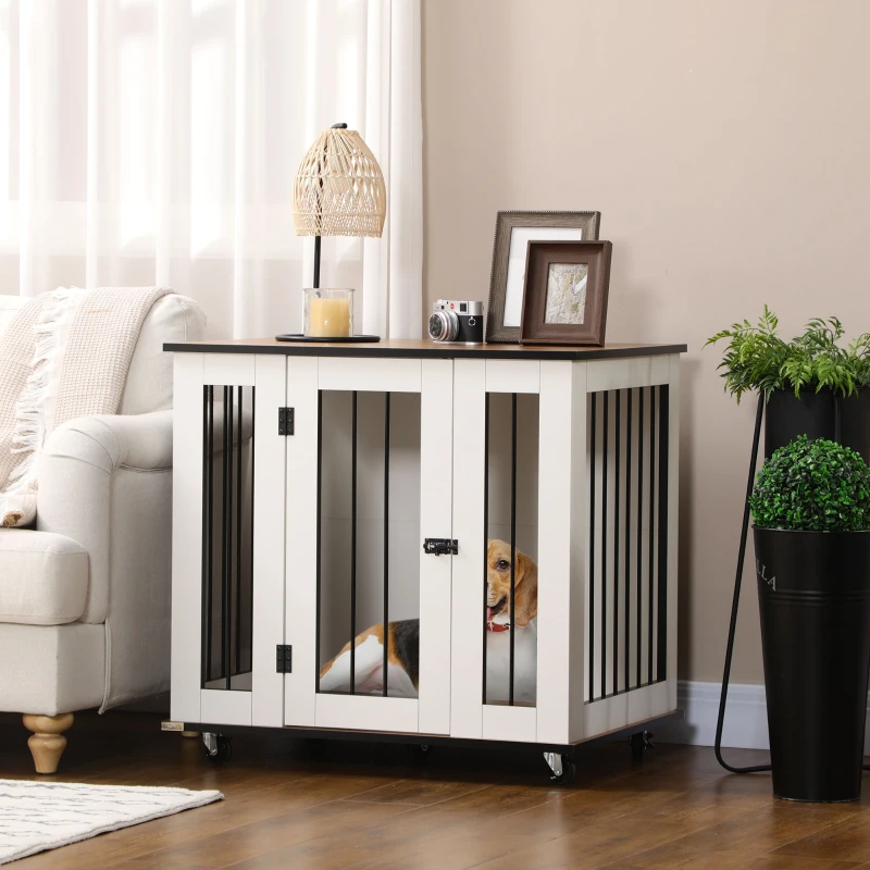 PawHut Dog Crate Furniture, Dog Cage End Table, with Wheels, for Medium Dogs, 80 x 60 x 76.5cm  - White