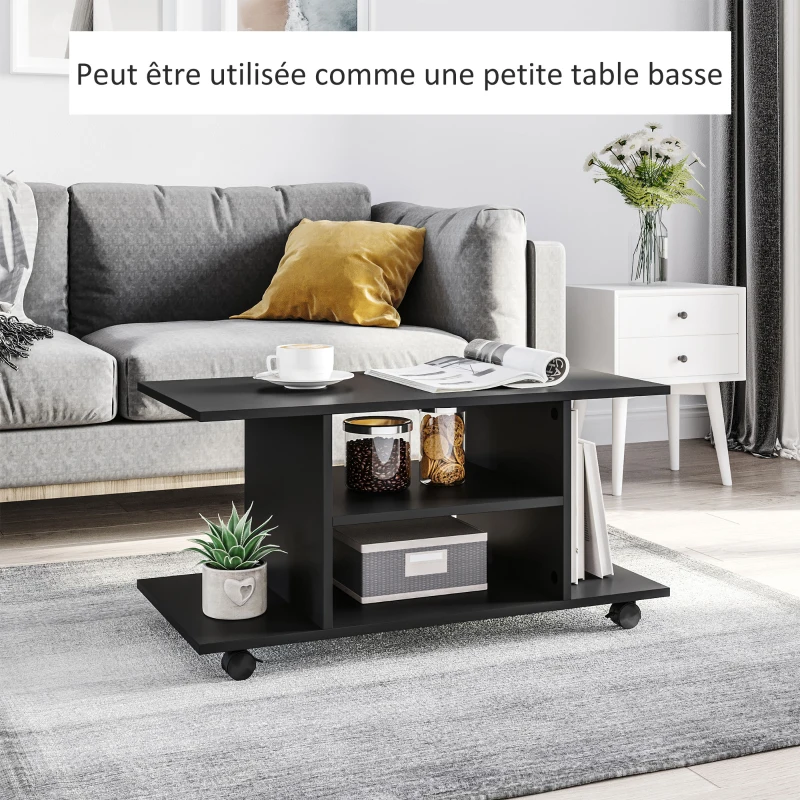 HOMCOM Meuble TV avec roulettes pivotantes, banc TV en bois avec étagères, support télé pour télévision jusqu'à 42 pouces, style contemporain pour salon chambre et bureau, 80 x 40 x 40 cm, noir