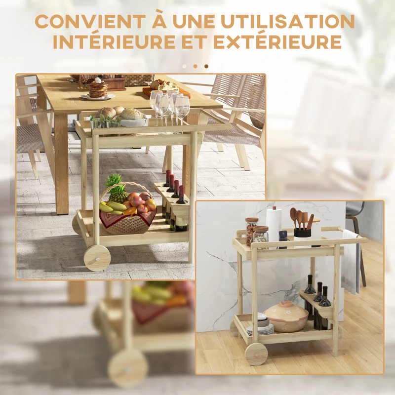 Outsunny Desserte de jardin chariot pour plancha barbecue en bois avec poignée 2 plateaux et porte-bouteilles naturel