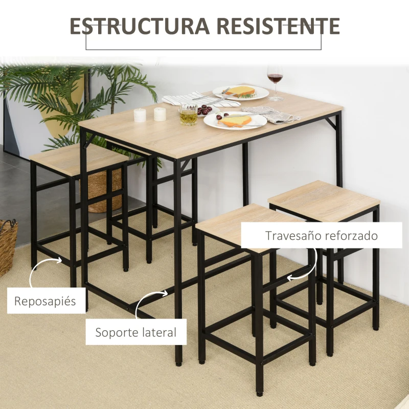 HOMCOM Set de Mesa Bar y 4 Taburetes Muebles Altos con Mesa de 100x60x88 cm y Taburetes de 32x32x57 cm Negro y Roble