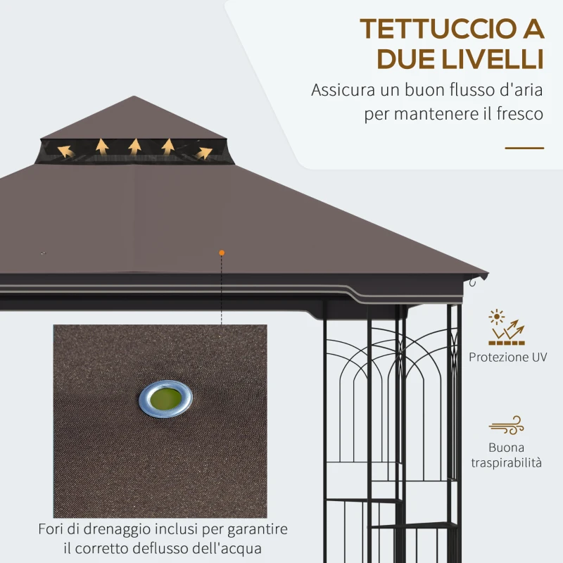 Outsunny Gazebo da Giardino 3x3m con Zanzariera e Tetto a 2 Livelli, Mensole Laterali e Ganci, Caffè