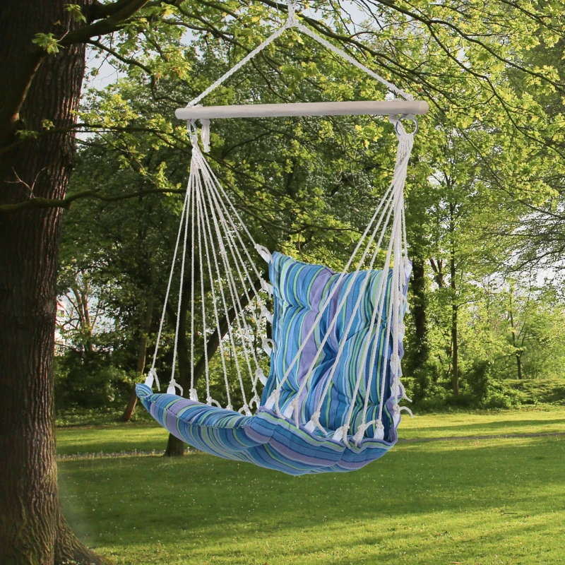 Outsunny Amaca Sedia Sospesa Imbottita con Corde e Supporto in Legno e Cotone a Righe