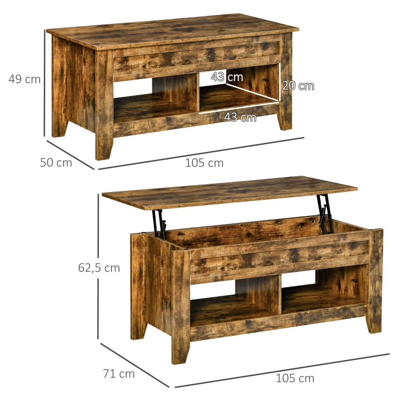 HOMCOM Couchtisch Beistelltisch Kaffeetisch Sofatisch aufklappbar mit höhenverstellbarer Platte mit Aufbewahrung Regal für Wohnzimmer Rustikales Braun 105 x 50 x 49 cm