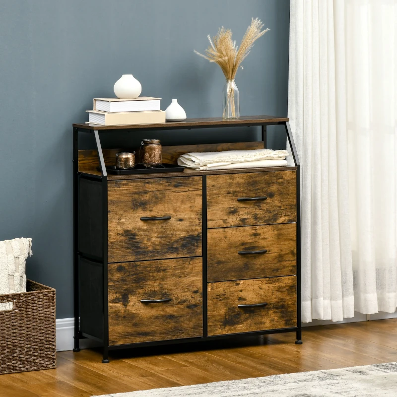 HOMCOM Bedroom Chest of Drawers, Industrial 5 Fabric Drawer Dresser with Open Shelf for Living Room, Rustic Brown