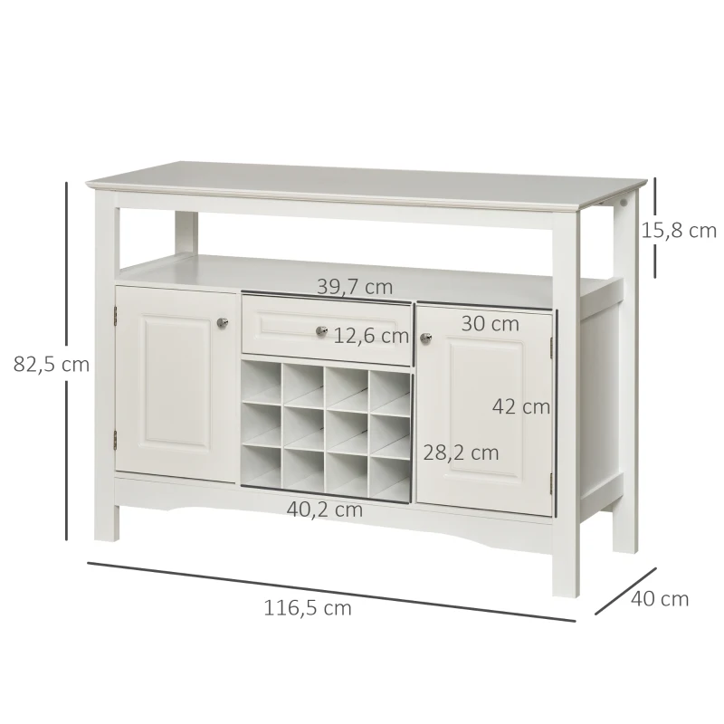 HOMCOM Aparador de Comedor con 1 Cajón 1 Estante Abierto 2 Puertas y Botellero para 12 Botellas 116,5x40x82,5 cm Blanco