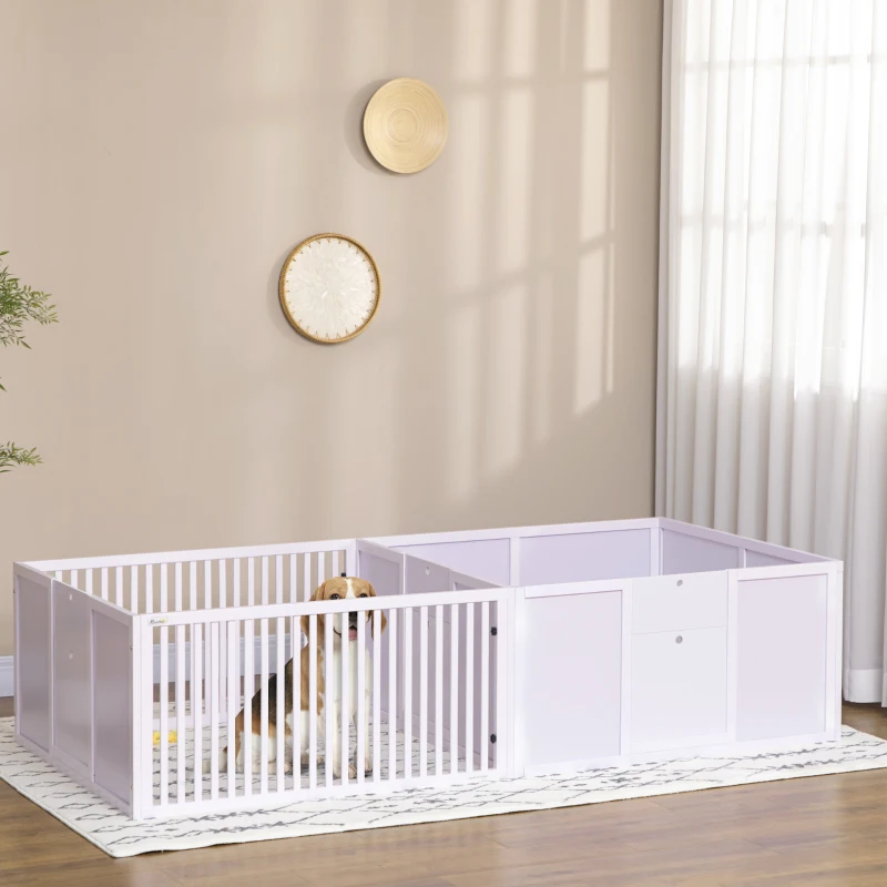 PawHut 7 Panels Playpen with 3 Doors for Baby Dogs, Two-Room Design Puppy Whelping Box - White