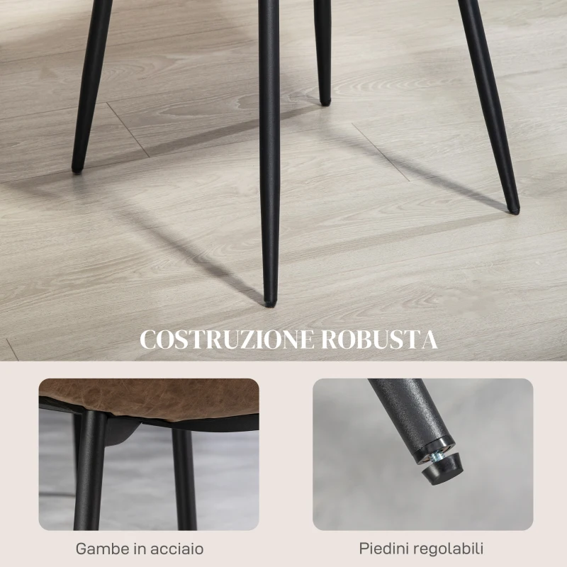 HOMCOM Set 4 Sedie da Pranzo Stile Vintage in Finta Pelle PU con Seduta Ampia e Gambe in Acciaio, Marrone