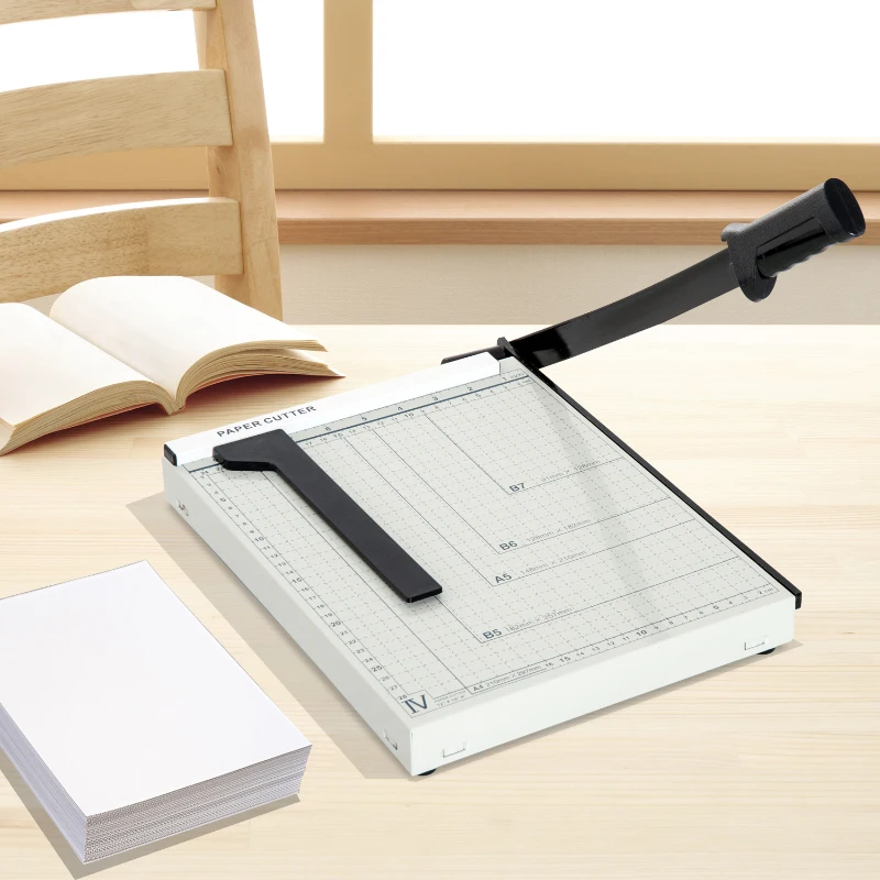 HOMCOM Cortador de Papel A4 Guillotina Profesional para Papelería Fotográfica Oficina Estudio Escuela Capacidad 12 Hojas con Regla Guía Cizalla de Cuchilla 48x26,5x5 cm Blanco