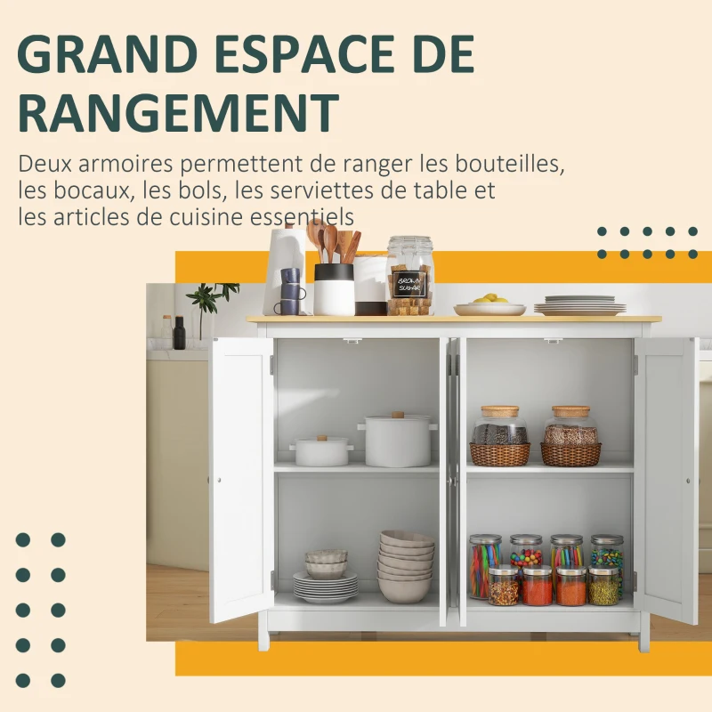 HOMCOM Desserte îlot de cuisine avec 2 tabourets plan de travail rabattable 2 placards avec 4 portes design moderne blanc