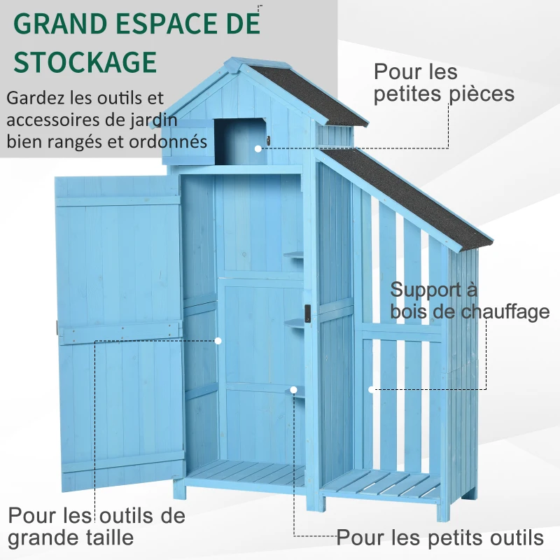 Outsunny Armoire abri de Jardin Remise pour Outils 3 étagères 2 Portes loquets + Range-bûches Toit Pente bitumé Bois Sapin traité Bleu