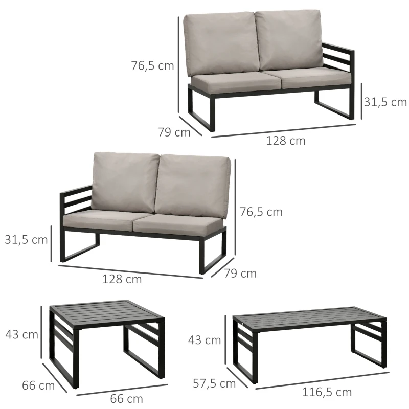 Outsunny Gartenmöbel-Set für 4 Personen 2 Sofa 2 Tische wetterbeständig, 128 cm x 79 cm x 76,5 cm, Hellgrau + Schwarz