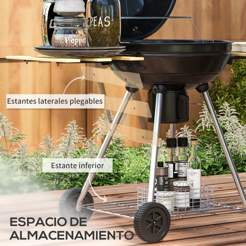 Outsunny Barbacoa Portátil con 2 Ruedas Estantes Plegables Termómetro y Parrilla Metálica para Pícnic Camping 117x68x91 cm Negro