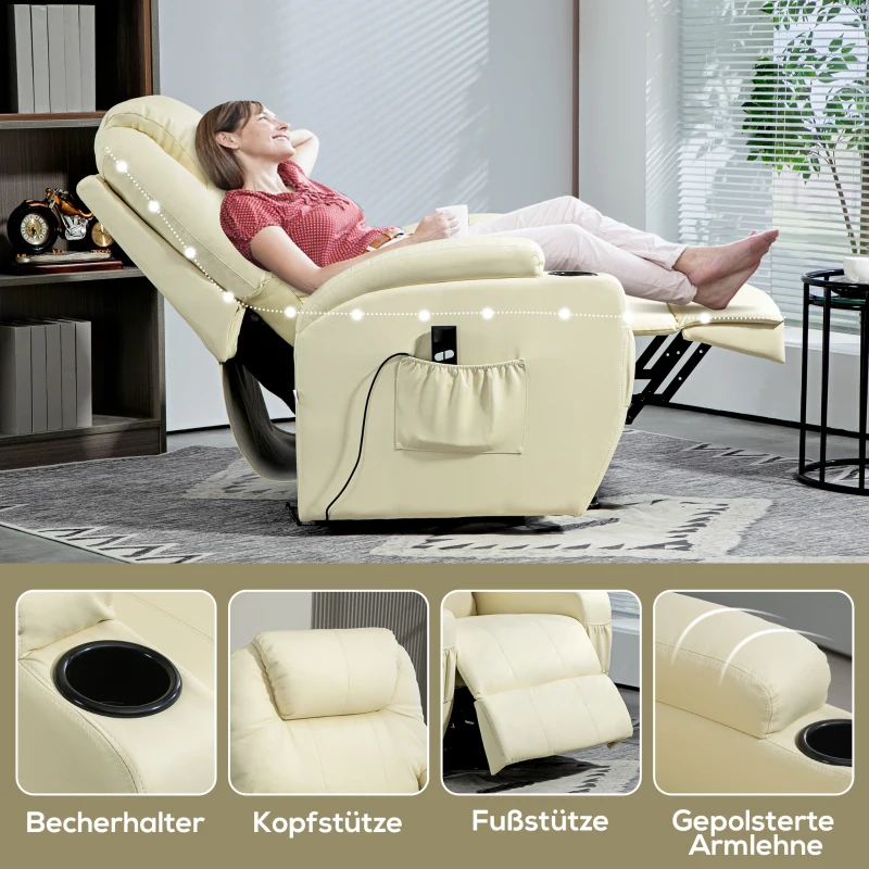 HOMCOM Elektrischer Relaxsessel mit Aufstehhilfe, Liegestuhl, Becherhalter, Kunstleder, Cremeweiß