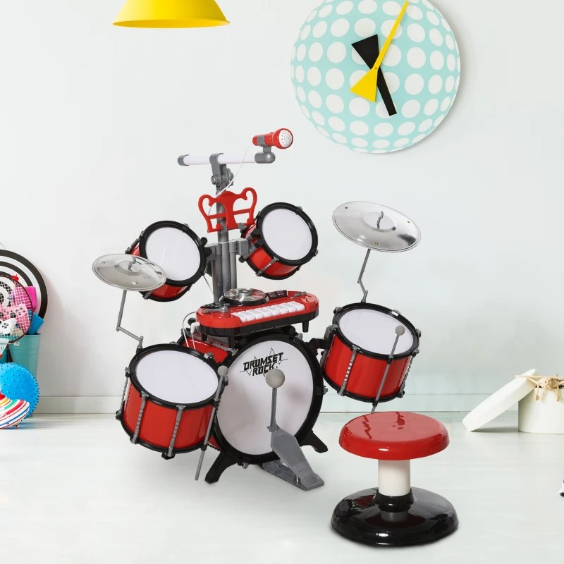 HOMCOM Batería Infantil con Taburete, Jazz Batería Infantil con 4 Tambores, Micrófono, Platos, Baquetas Teclado, Instrumento Musical para Niños +3 Años, Rojo