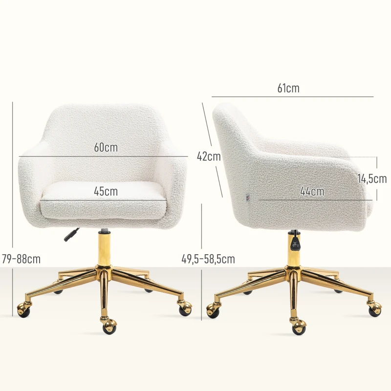 HOMCOM Homeoffice-Stuhl, höhenverstellbarer Bürostuhl mit Rollen, Samtartiger Bezug, Metallbasis, Cremeweiß(m-3)