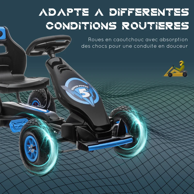 HOMCOM Kart à pédales pour enfant siège réglable 3 positions frein à main enfant de 5 à 12 ans bleu noir