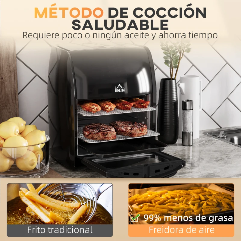 HOMCOM Freidora sin Aceite 3 en 1 12L 1800W Horno de Aire Deshidratador con 8 Programas Pantalla Digital 35x33,5x40 cm Negro