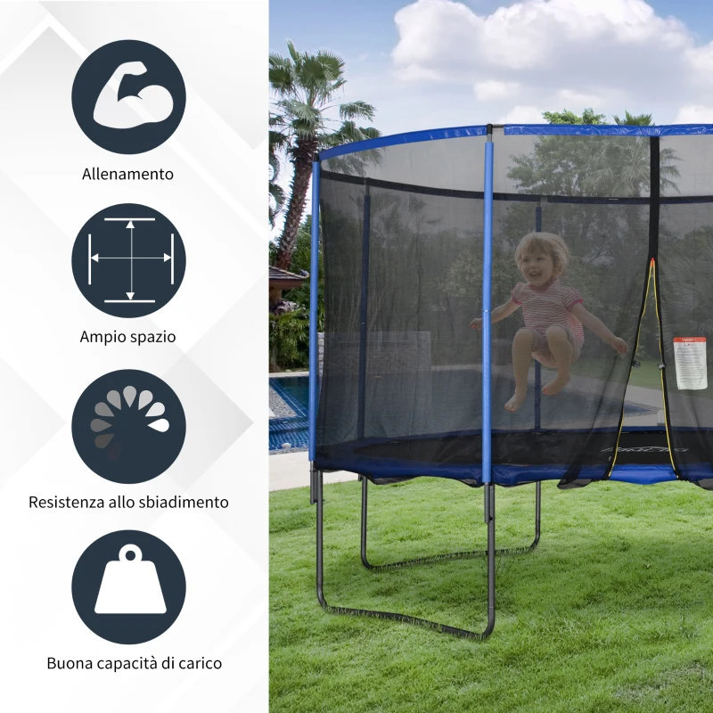 HOMCOM Trampolino Elastico da Esterno, Tappeto Elastico per Bambini e Adulti da Giardino con Rete di Sicurezza e Bordo Imbottito, Giochi da Giardino e Casa, Ø426x269cm, Blu e Nero