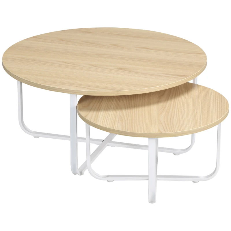 HOMCOM Juego de 2 Mesas de Centro Ø65x32 cm y Ø45x26 cm con Encimera de Madera y Patas de Metal Natural y Blanco
