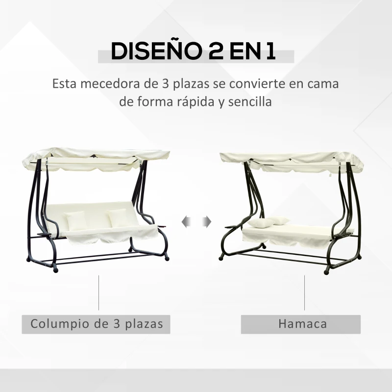 Outsunny Columpio Balancín Jardín 3 Plazas Convertible en Cama Techo Parasol Regulable Bandeja para Bebida Terrza Balcón Exterior Carga máx. 340kg Acero 200x120x164cm Beige