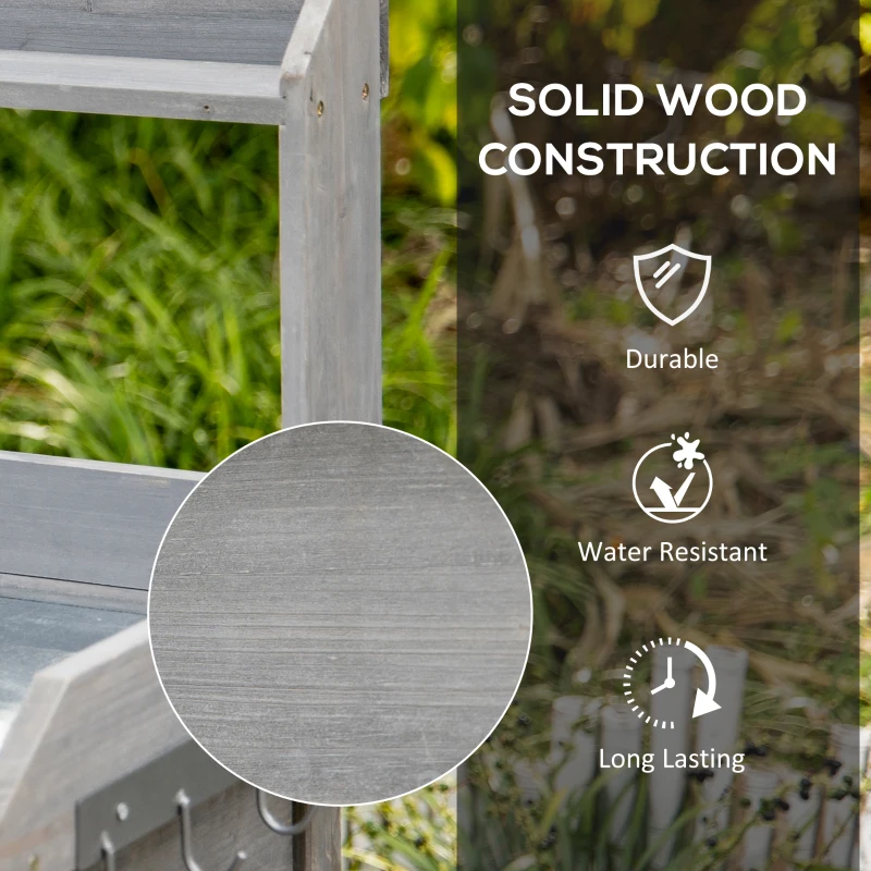 Outsunny Garden Potting Table with Storage, Workbench, Metal Top, Storage Shelves & Hooks for Patio, Courtyard, Wooden