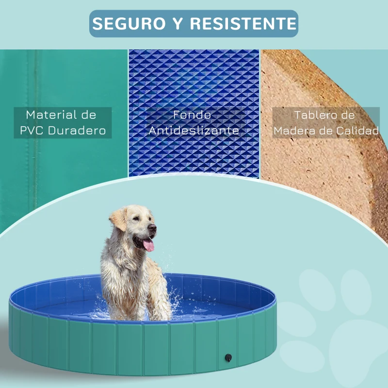 PawHut Piscina Plegable para Perros Ø160x30cm Bañera para Mascotas Gatos de PVC Antideslizante Resistente al Desgaste Adecuado para Interior y Exterior Turquesa