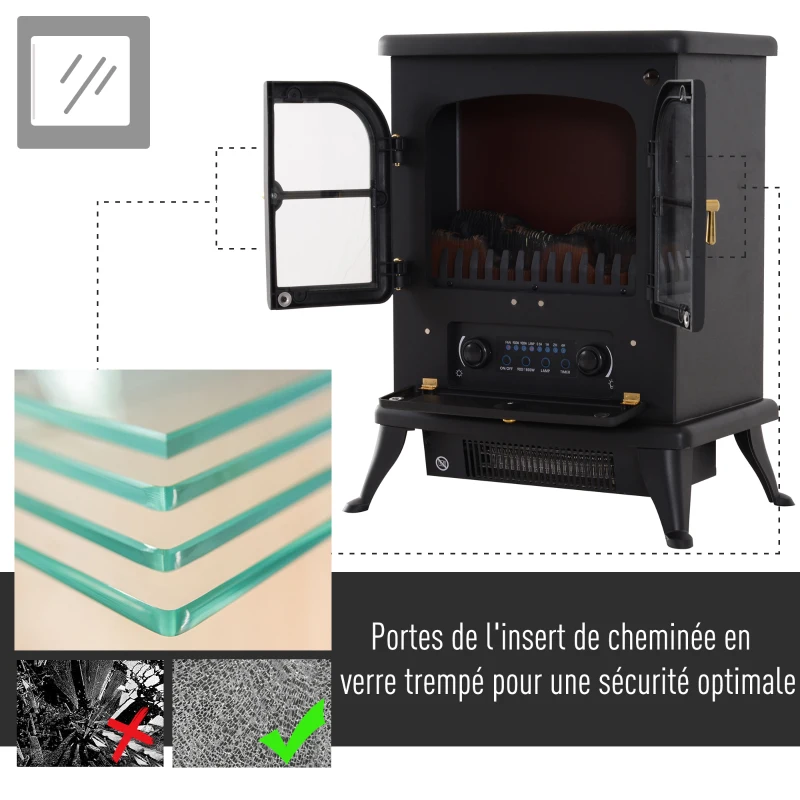 HOMCOM Cheminée électrique poêle style rétro thermostat 900-1800 W minuterie et télécommande noir