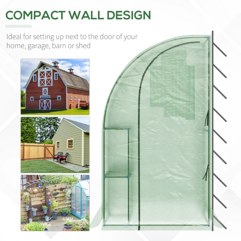 Outsunny Outdoor Walk-In Lean to Wall Tunnel Greenhouse with Zipped Roll Up Door PE Cover Green 214L x 120W x 215Hcm