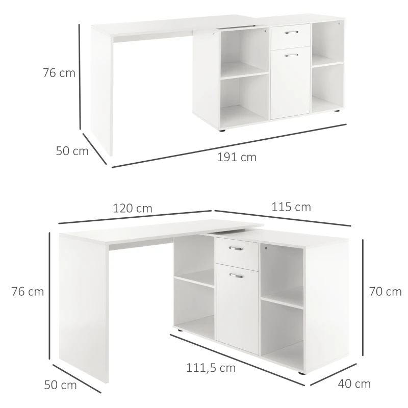 HOMCOM Eckschreibtisch Esstisch Computertisch Bürotisch Winkelschreibtisch Regal L-Form 120 x 115 x 76 cm, I-Form 191 x 50 x 76 cm, Weiß, MDF+Metall