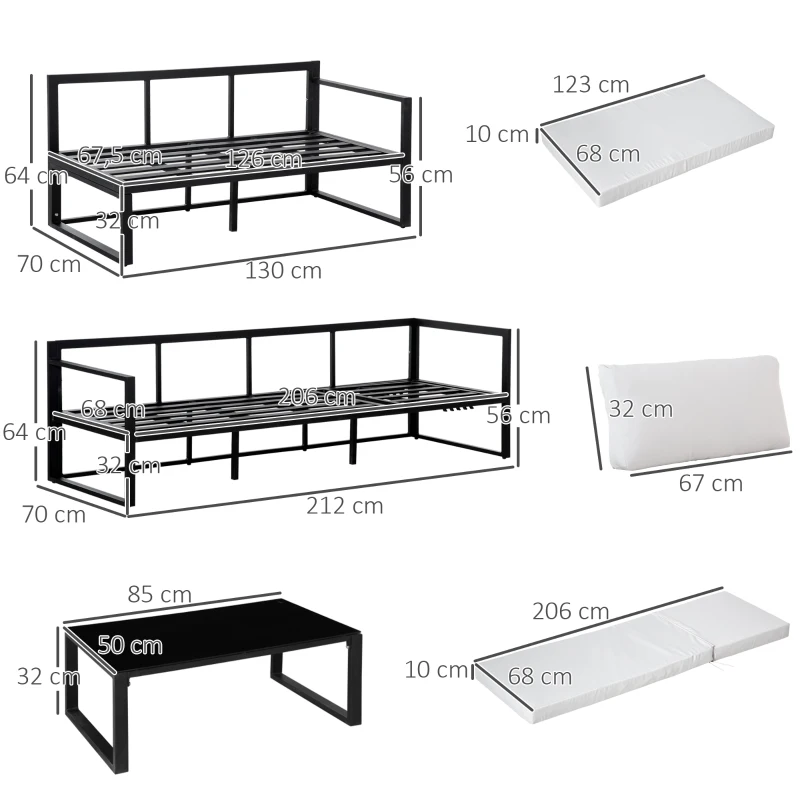 Outsunny Conjunto de Muebles de Jardín 3 Piezas de Aluminio Juego de Muebles con Mesa de Vidrio Sofá de 5 Plazas con Respaldo Ajustable y Cojines Extraíbles 206x68x62 cm Negro y Gris