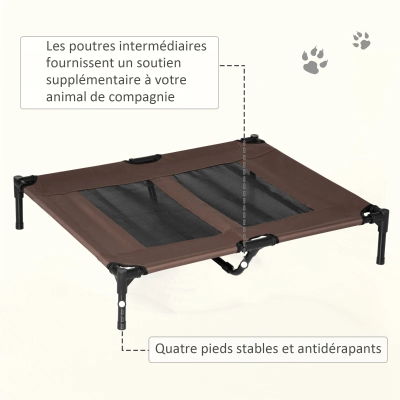 PawHut Lit sur pieds lit pour chien chat lit de camp lit surélevé animaux grand confort tissu Oxford textilène micro-perforé métal 92L x 76l x 18H cm café