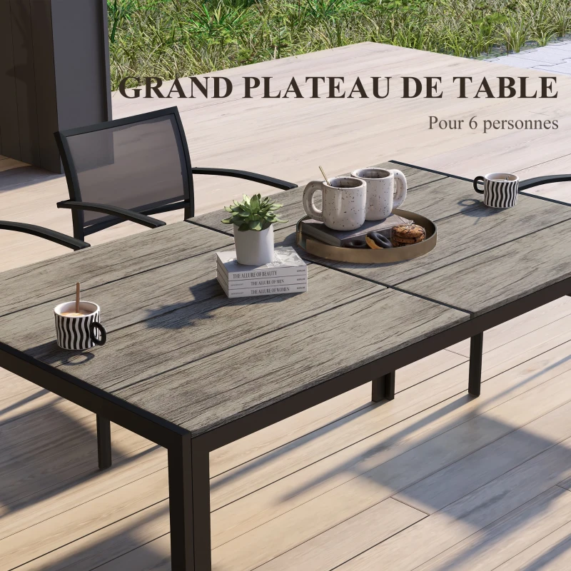 Outsunny Table de jardin pour 6 personnes en aluminium plateau composite aspect bois dim. 160L x 90l x 74H cm