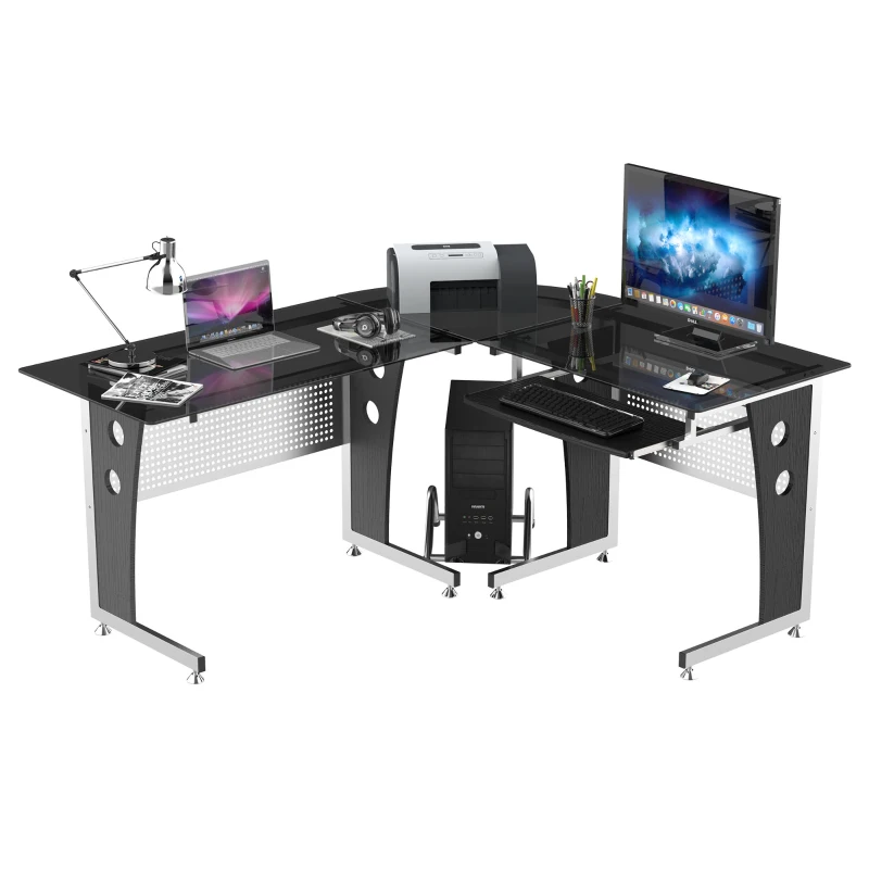 HOMCOM Mesa Esquinera PC Escritorio Ordenador Oficina Dormitorio Hogar Escuela Metal Madera Vidrio de Seguridad