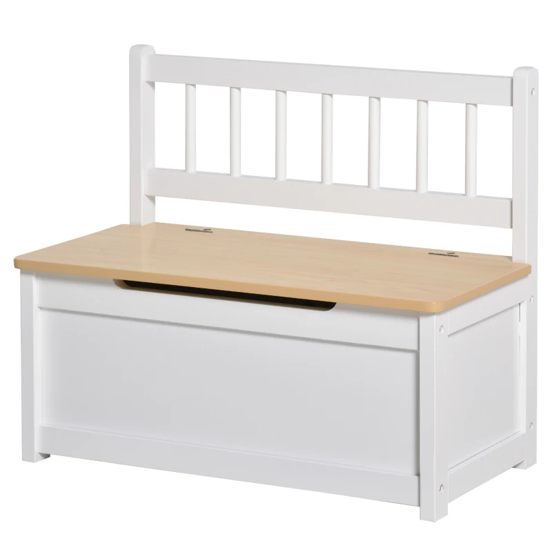 HOMCOM Cassapanca per Bambini 2 in 1 in Legno con Pistone per Chiusura Sicura, 60x30x50cm Bianco e Legno Naturale