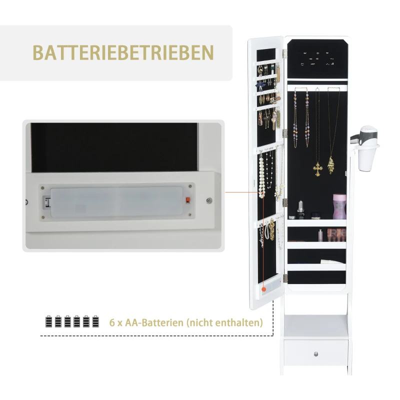 HOMCOM LED Schmuckschrank 2 in 1 Schmuckregal Spiegelschrank mit Schublade MDF Weiß 37 x 30 x 158 cm