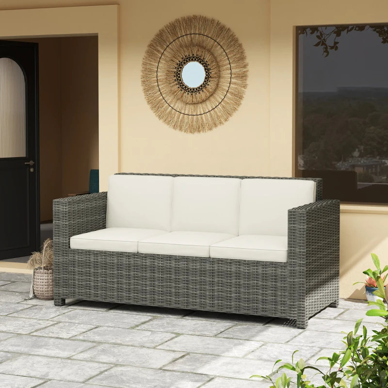 Outsunny 3 Seater Rattan Sofa All-Weather Wicker Weave Metal Frame Chair with Fire Resistant Cushio-Cream
