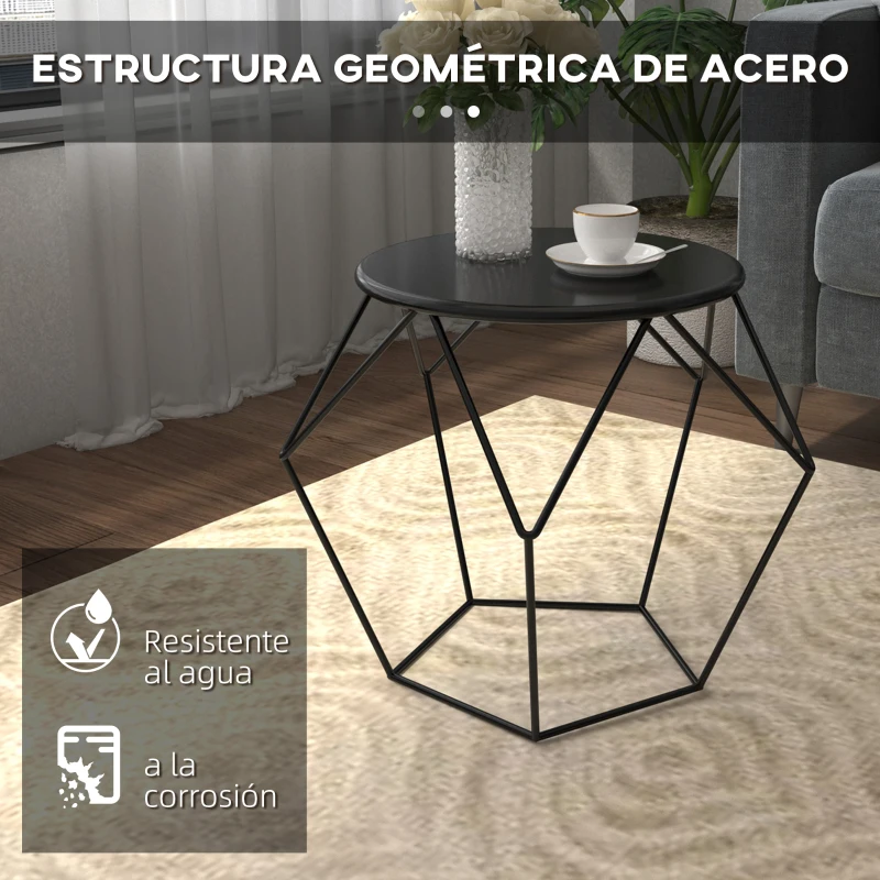 HOMCOM Mesa de Centro Metálica Mesita Auxiliar Redonda para Comedor Sala de Estar 51x51x44 cm Negro