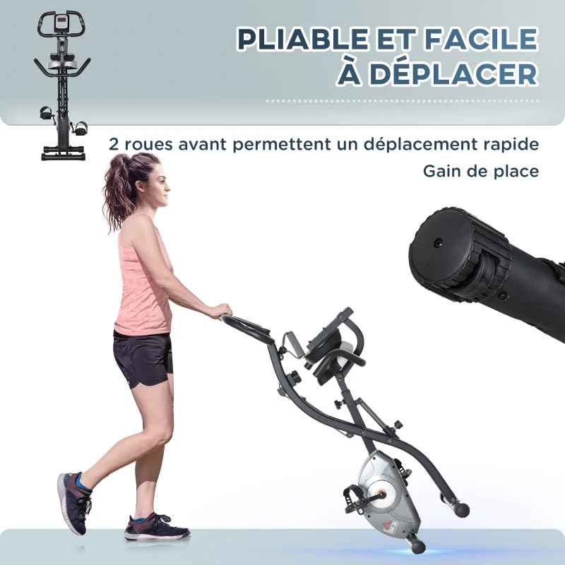 HOMCOM Vélo d'appartement magnetique pliant selle réglable dossier poignées ergonomiques écran LCD multifonction bandes résistances support smartphone acier noir