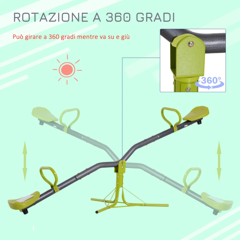 HOMCOM Altalena Basculante Girevole 360° per Bambini 3-7 anni da Giardino in Metallo, Sali e Scendi, Carico Massimo 35kg, 180x65x53 cm, Verde