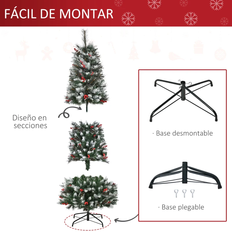 HOMCOM Árbol de Navidad Artificial 180 cm con 539 Ramas 51 Bayas Hojas de PVC Decoración Navideña para Interiores Verde