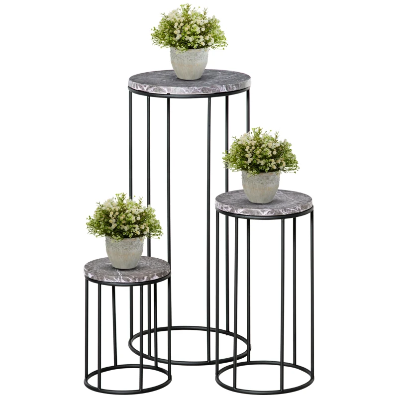 Outsunny Blumenständer 3er Set aus Metall Pflanzenständer Set in Marmoroptik Blumenhocker Blumentopfhalter Stapelbar Pflanzenhocker für Blumentopf Schwarz+Grau