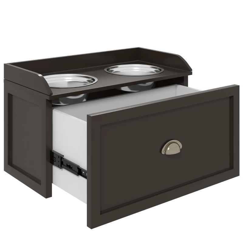 PawHut Futterstation Erhöhte Fressnäpfe 2 Fressnäpfe, 2 Edelstahlschalen, 1 Stauraum, 60 x 30 x36 cm, Braun