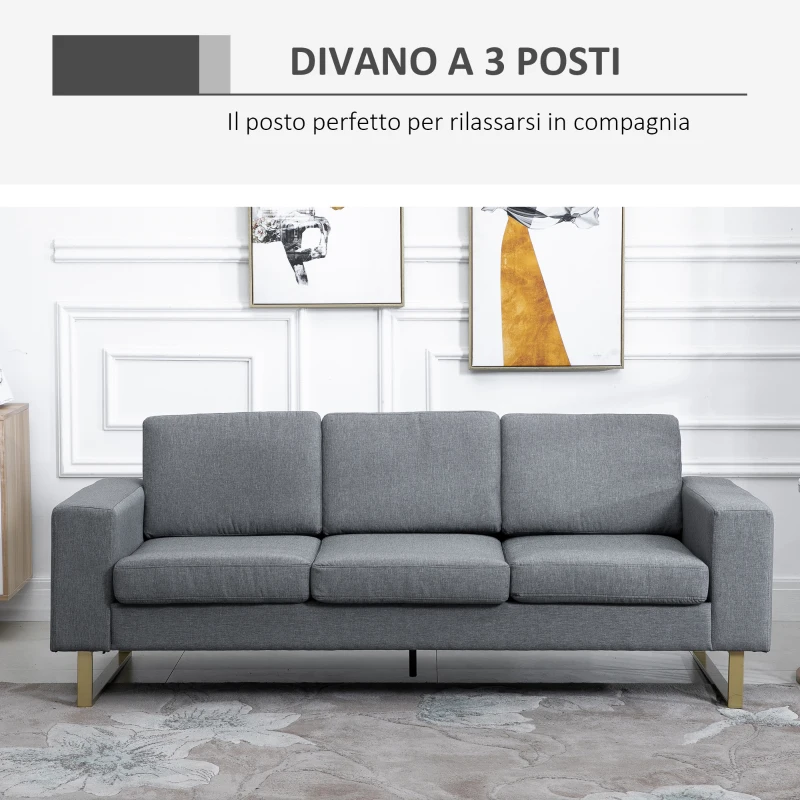 HOMCOM Divano a 3 Posti Relax Salotto con Cuscini 200 × 82 × 78cm Tessuto di Lino Grigio