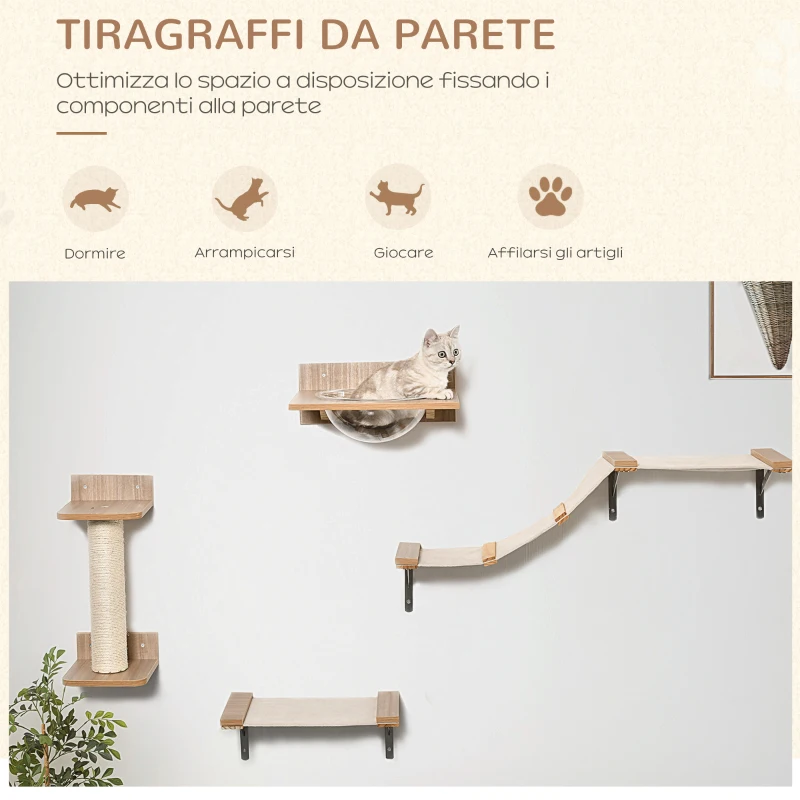 PawHut Tiragraffi per Gatti da Parete Set 4 Pezzi in Legno e Sisal - Marrone