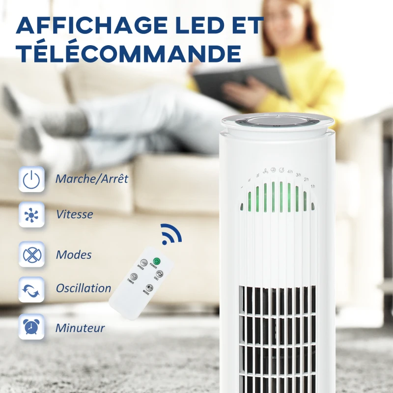 HOMCOM Ventilateur colonne silencieux 45 W avec 3 modes 3 vitesses, télécommande, oscillant 70° et minuterie, 77H cm blanc