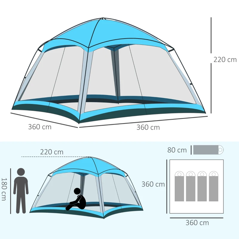 Outsunny Tente de camping familiale - tente dôme 8 personnes tente dôme étanche légère ventilée facile à monter avec sac de transport 4 parois en maille - dim. 360L x 360l x 220H cm bleu clair
